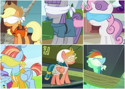 Size: 4000x2843 | Tagged: safe, applejack, maud pie, rainbow dash, somnambula, sweetie belle, windy whistles, daring done?, forever filly, g4, parental glideance, ppov, rock solid friendship, blindfold, collage, comparison