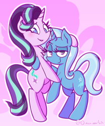 Size: 2250x2700 | Tagged: safe, artist:quarium, starlight glimmer, trixie, pony, unicorn, g4, bipedal, blushing, duo, female, high res, lesbian, looking at you, mare, raised eyebrow, ship:startrix, shipping, smiling, smirk, zoom layer