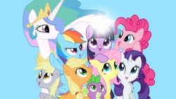 Size: 1920x1080 | Tagged: safe, applejack, derpy hooves, fluttershy, pinkie pie, princess celestia, rainbow dash, rarity, spike, twilight sparkle, alicorn, dragon, earth pony, pony, unicorn, g4, female, looking up, mare, simple background, smiling