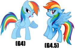 Size: 1692x1100 | Tagged: safe, artist:shelltoon, edit, editor:hannah731, rainbow dash, pegasus, pony, g4, my little pony: the movie, comparison, cutie mark, female, looking at you, mare, movie accurate, open mouth, raised hoof, raised leg, spread wings, standing