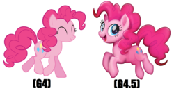 Size: 2160x1136 | Tagged: safe, artist:fenrirconnell, pinkie pie, earth pony, pony, g4, my little pony: the movie, comparison, cutie mark, female, looking at you, mare, movie accurate, raised hoof, raised leg, smiling