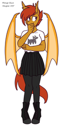 Size: 559x1080 | Tagged: safe, artist:redxbacon, oc, oc only, oc:mango slice, bat pony, anthro, bat pony oc, boots, clothes, commission, cute, pantyhose, pleated skirt, shoes, shy, skirt, socks, solo, thigh highs, thinking