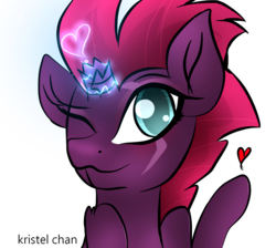 Size: 1269x1135 | Tagged: safe, artist:kristelchan-oficial, tempest shadow, pony, g4, my little pony: the movie, broken horn, cute, eye scar, female, glowing horn, heart, horn, mare, scar, scar on the wrong side, smiling, solo, sparking horn, tempestbetes