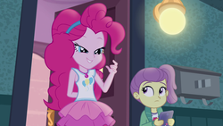 Size: 1920x1080 | Tagged: safe, screencap, lily pad (g4), pinkie pie, equestria girls, g4, my little pony equestria girls: better together, pinkie sitting, clothes, female, hairband, ipad, jacket, magical geodes, side ponytail, skirt, smiling, young