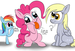 Size: 1873x1285 | Tagged: safe, artist:syscod, derpy hooves, pinkie pie, rainbow dash, pony, g4, chibi, derp, tongue out