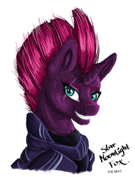 Size: 1024x1348 | Tagged: safe, artist:starmoonlightfox, tempest shadow, pony, g4, my little pony: the movie, broken horn, eye scar, female, horn, mare, scar, simple background, smiling, solo