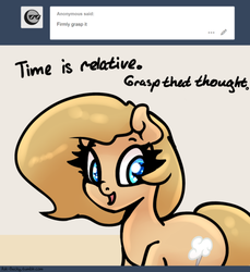 Size: 500x547 | Tagged: safe, artist:slavedemorto, oc, oc only, oc:backy, earth pony, pony, ask, double entendre, physics, solo, time, tumblr