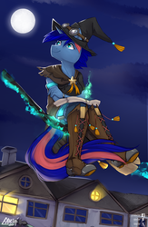 Size: 1500x2300 | Tagged: safe, artist:varllai, oc, oc only, oc:ryo, anthro, plantigrade anthro, broom, clothes, commission, flying, flying broomstick, halloween, hat, holiday, moon, night, stars, town, witch, witch hat, ych result