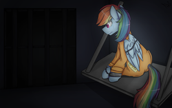 Size: 1024x642 | Tagged: safe, artist:starsketchmeh, rainbow dash, pegasus, pony, g4, b-f16, bound wings, cell, chains, clothes, cuffs, jail, prison, prison outfit, prisoner rd, shackles