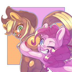 Size: 3500x3500 | Tagged: safe, alternate version, artist:kaikoinu, applejack, pinkie pie, earth pony, pony, g4, shadow play, applebutt, applejack is not amused, blushing, butt, butt touch, butthug, cowboy hat, faceful of ass, female, freckles, hat, high res, hug, looking back, mare, one eye closed, open mouth, pinkie hugging applejack's butt, plot, scene interpretation, smiling, stetson, the ass was fat, unamused
