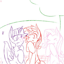 Size: 500x500 | Tagged: safe, artist:aka-ryuga, fluttershy, sunset shimmer, twilight sparkle, alicorn, butterfly, pony, unicorn, g4, butterfly on nose, cute, eyes closed, female, insect on nose, laughing, lesbian, lineart, one eye closed, picnic, ship:sunsetsparkle, shipping, twiabetes, twilight sparkle (alicorn)