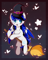 Size: 2000x2500 | Tagged: safe, artist:nyanxleb, oc, oc only, oc:black ice, pegasus, pony, blushing, broom, chest fluff, colored wings, cute, ear fluff, halloween, hat, heart, high res, holiday, multicolored wings, open mouth, simple background, stars, witch hat