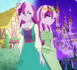 Size: 1574x1419 | Tagged: safe, artist:fantasygerard2000, wysteria, human, g3, g4, canterlot, clothes, crown, dress, ear piercing, earring, eyes closed, female, g3 to g4, generation leap, humanized, jewelry, piercing, pony coloring, ponyville, princess wysteria, regalia, smiling, solo, wysteriadorable