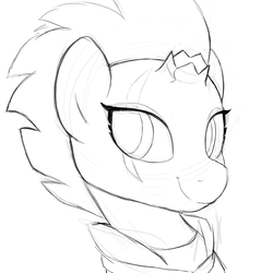 Size: 3000x3000 | Tagged: safe, artist:moozua, tempest shadow, pony, unicorn, g4, my little pony: the movie, broken horn, bust, eye scar, female, grayscale, high res, horn, looking at you, monochrome, portrait, scar, simple background, sketch, smiling, solo, white background