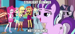 Size: 1104x500 | Tagged: safe, edit, edited screencap, screencap, applejack, fluttershy, pinkie pie, rainbow dash, rarity, starlight glimmer, sunset shimmer, twilight sparkle, alicorn, equestria girls, g4, the cutie map, equal cutie mark, image macro, meme, text, twilight sparkle (alicorn)