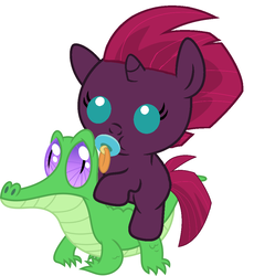 Size: 936x1017 | Tagged: safe, artist:red4567, gummy, tempest shadow, pony, g4, my little pony: the movie, baby, baby pony, cute, pacifier, ponies riding gators, riding, tempestbetes