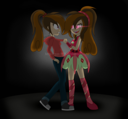 Size: 4077x3799 | Tagged: safe, artist:zoe-975, oc, oc only, oc:collapsia slash, oc:cupcake slash, equestria girls, g4, clothes, dress, duality, glowing eyes, hoodie, looking at each other, pulling, self paradox, smiling