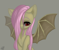 Size: 1497x1276 | Tagged: safe, artist:z00umi, fluttershy, bat pony, pegasus, pony, g4, bat wings, bust, female, flutterbat, gray background, hair over one eye, looking away, looking down, portrait, race swap, red eyes, simple background, solo, spread wings, stray strand, wings