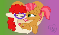 Size: 1000x600 | Tagged: safe, artist:amellia-rose, babs seed, twist, earth pony, pony, g4, alternate hairstyle, eyes closed, female, glasses, lesbian, ponytail, ship:babstwist, shipping