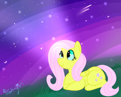 Size: 900x719 | Tagged: safe, artist:queenbluestar, fluttershy, pegasus, pony, g4, female, folded wings, huevember, looking up, night, prone, shooting star, smiling, solo, stargazing
