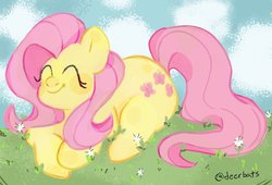 Size: 1024x696 | Tagged: safe, artist:deerbats, fluttershy, pegasus, pony, g4, cute, eyes closed, female, grass, happy, prone, shyabetes, smiling, solo, wingless