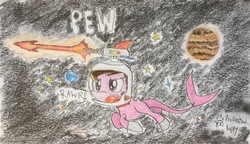 Size: 3649x2103 | Tagged: safe, artist:professionalpuppy, oc, oc only, oc:ashee, original species, shark pony, cute, high res, laser, solo, space, spacesuit, traditional art