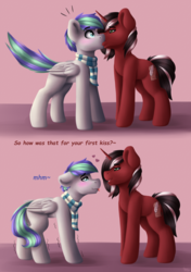 Size: 1756x2500 | Tagged: safe, artist:spirit-dude, oc, oc only, oc:phantom, oc:storm feather, pegasus, pony, unicorn, blushing, clothes, comic, commission, gay, kissing, male, oc x oc, red and black oc, scarf, shipping, smiling, stallion, surprise kiss, surprised, tongue out