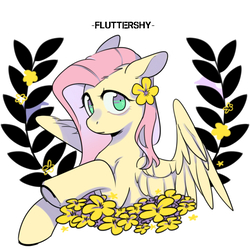 Size: 1024x1024 | Tagged: safe, artist:snowillusory, fluttershy, pegasus, pony, g4, bust, female, flower, flower in hair, looking at you, looking sideways, name, portrait, raised hoof, solo, spread wings, wings