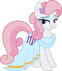 Size: 2342x2670 | Tagged: safe, artist:kojibiose, virgo (g4), earth pony, pony, g4, clothes, dress, eyeshadow, female, flower, flower in hair, high res, makeup, mare, ponyscopes, simple background, solo, transparent background, vector, virgo, zodiac