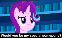 Size: 1600x973 | Tagged: safe, edit, edited screencap, screencap, starlight glimmer, pony, unicorn, g4, uncommon bond, bronybait, caption, cs captions, female, heart, library, mare, special somepony