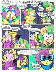 Size: 1280x1656 | Tagged: safe, artist:zanezandell, oc, oc only, oc:angel halos, oc:sugarbolt, oc:truffle mint, pony, comic:cmcnext, apologetic, apology, ascot, blushing, clothes, cmcnext, colt, comic, embarrassed, goggles, hug, male, microphone, news reporter, reporter, scarf, sorry, tumblr
