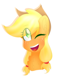 Size: 3200x3432 | Tagged: safe, artist:cosmiickatie, applejack, earth pony, pony, g4, bust, chest fluff, cowboy hat, ear fluff, female, freckles, hat, high res, mare, one eye closed, open mouth, portrait, simple background, smiling, solo, stetson, transparent background, wink