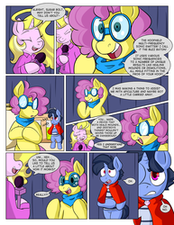 Size: 1280x1656 | Tagged: safe, artist:zanezandell, oc, oc only, oc:angel halos, oc:krabby, oc:sugarbolt, pony, comic:cmcnext, ascot, bipedal, cape, clothes, cmcnext, colt, comic, excited, facehoof, goggles, male, microphone, nerd, news, news reporter, nodding, reporter, science, shirt, speech bubble, talking, worried