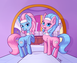 Size: 2420x2000 | Tagged: safe, alternate version, artist:dsp2003, aloe, lotus blossom, earth pony, pony, g4, blushing, chest fluff, cute, duo, ear fluff, female, high res, looking at you, mare, open mouth, spa twins, textless