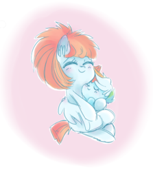 Size: 716x801 | Tagged: safe, artist:pinkablue, rainbow dash, windy whistles, pegasus, pony, g4, baby, baby dash, baby pony, blushing, carrying, cute, dashabetes, duo, ear fluff, eyes closed, female, filly, filly rainbow dash, gradient background, hnnng, mother and daughter, smiling, windybetes, younger