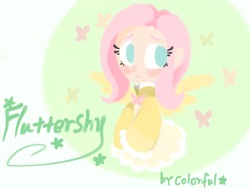 Size: 2048x1536 | Tagged: safe, artist:oofycolorful, fluttershy, human, clothes, dress, female, humanized, looking away, looking sideways, name, no pupils, smiling, solo, spread wings, winged humanization, wings