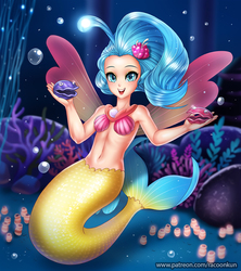 Size: 886x1000 | Tagged: safe, artist:racoonsan, princess skystar, shelldon, shelly, human, mermaid, g4, my little pony: the movie, belly button, bra, breasts, coral, cute, delicious flat chest, female, humanized, looking at you, mermaidized, open mouth, seaquestria, seashell, seashell bra, skyabetes, solo, species swap, underwater