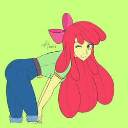 Size: 1172x1172 | Tagged: safe, artist:draftkid, artist:icicle-niceicle-1517, apple bloom, equestria girls, g4, apple bloom's bow, bow, clothes, colored, female, green background, hair bow, jeans, older, one eye closed, pants, shirt, simple background, solo, t-shirt, wink