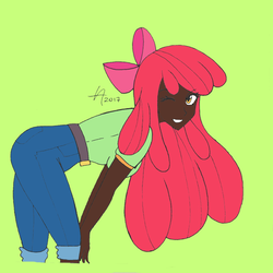 Size: 1172x1172 | Tagged: safe, artist:draftkid, artist:icicle-niceicle-1517, apple bloom, human, equestria girls, g4, apple bloom's bow, bow, clothes, colored, dark skin, female, green background, hair bow, humanized, jeans, older, one eye closed, pants, shirt, simple background, solo, t-shirt, wink