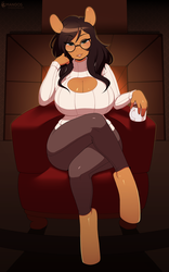 Size: 2500x4000 | Tagged: safe, artist:3mangos, oc, oc only, oc:anna, anthro, big breasts, boob window, breasts, clothes, couch, female, fireplace, glasses, huge breasts, keyhole turtleneck, looking at you, mug, pants, sweater, turtleneck