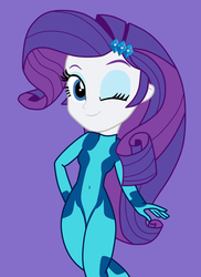 Size: 723x993 | Tagged: safe, artist:tabrony23, rarity, equestria girls, g4, bodysuit, clothes, clothes swap, cosplay, costume, female, metroid, one eye closed, purple background, samus aran, show accurate, simple background, solo, wink, zero suit