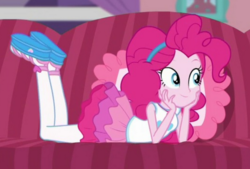 Size: 557x377 | Tagged: safe, screencap, pinkie pie, equestria girls, g4, my little pony equestria girls: better together, pinkie sitting, clothes, cute, diapinkes, hairband, legs in air, lying down, pantyhose, shoes, skirt, the pose
