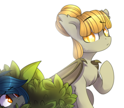 Size: 2306x2000 | Tagged: safe, artist:starlyfly, oc, oc only, oc:luca, oc:speck, bat pony, :t, bush, chest fluff, female, fluffy, frown, hiding, high res, leg fluff, looking back, siblings, simple background, sisters, sitting, stalker, stalking, transparent background