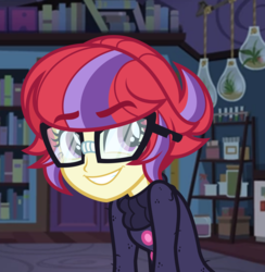 Size: 4000x4102 | Tagged: safe, artist:orin331, moondancer, dancerverse, equestria girls, g4, alternate hairstyle, alternate universe, clothes, equestria girls-ified, female, glasses, short hair, smiling, solo