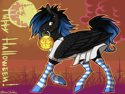 Size: 1200x900 | Tagged: safe, artist:dementra369, oc, oc only, pegasus, pony, clothes, halloween, happy halloween, holiday, mare in the moon, moon, mouth hold, pumpkin bucket, skirt, socks, solo, striped socks