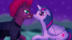 Size: 1500x844 | Tagged: safe, artist:kuro-shikoku, fizzlepop berrytwist, tempest shadow, twilight sparkle, alicorn, pony, g4, my little pony: the movie, female, lesbian, ship:tempestlight, shipping, twilight sparkle (alicorn)