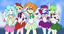 Size: 3264x1748 | Tagged: safe, artist:berrypunchrules, cherry crash, drama letter, mystery mint, paisley, scribble dee, watermelody, a queen of clubs, equestria girls, equestria girls series, g4, anime, background human, clothes, cosplay, costume, cute, glasses, looking at you, sailor jupiter, sailor mars, sailor mercury, sailor moon (series), sailor venus, scribblebetes, smiling