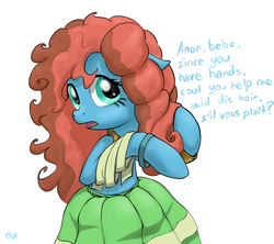 Size: 1472x1307 | Tagged: safe, artist:jh, meadowbrook, earth pony, pony, g4, accent, alternate hairstyle, bipedal, cajun ponies, clothes, cute, dialogue, dress, implied anon, looking at you, loose hair, meadowcute, open mouth, simple background, skirt, solo, turned head, white background