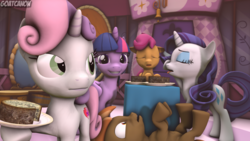 Size: 3840x2160 | Tagged: safe, artist:goatcanon, button mash, rarity, scootaloo, sweetie belle, twilight sparkle, alicorn, pony, unicorn, g4, 3d, carousel boutique, cheese, commission, cooking, eyes closed, female, food, grin, high res, lying down, mare, on back, playing dead, smiling, source filmmaker, twilight sparkle (alicorn)