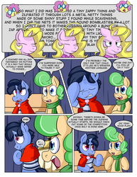 Size: 992x1284 | Tagged: safe, artist:zanezandell, oc, oc only, oc:angel halos, oc:krabby, oc:sugarbolt, oc:truffle mint, pony, comic:cmcnext, cape, clothes, cmcnext, comic, exposition, goggles, news reporter, reporter, scarf, science, shirt, speech bubble, technobabble